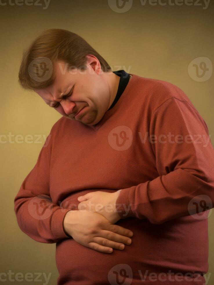 Man with stomachache on neutral background AI Generative photo