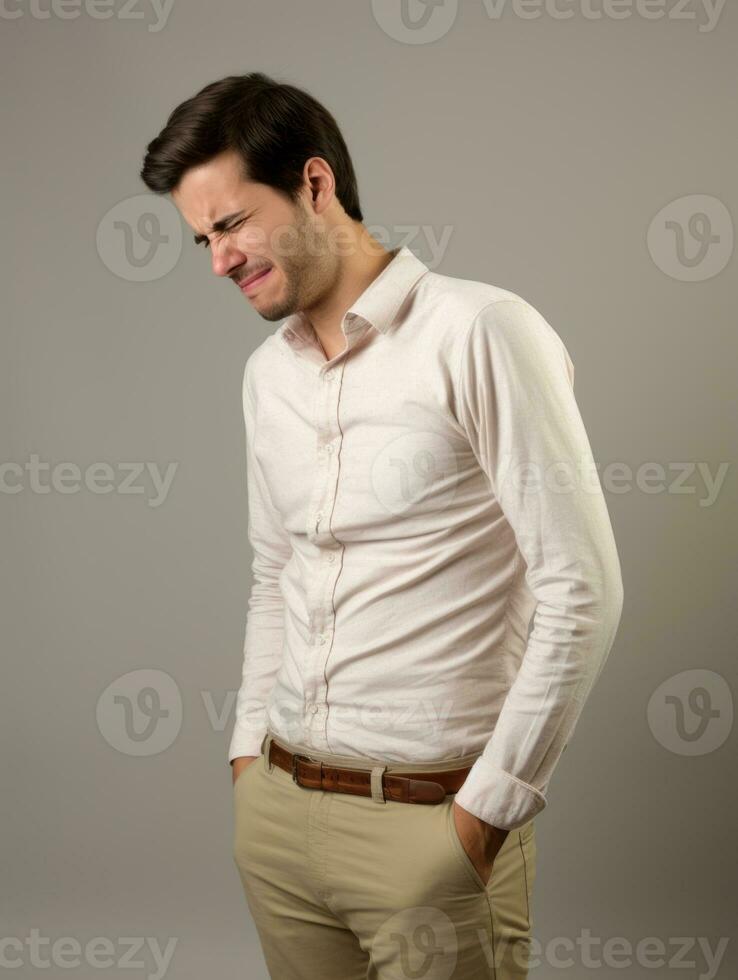 Man with stomachache on neutral background AI Generative photo