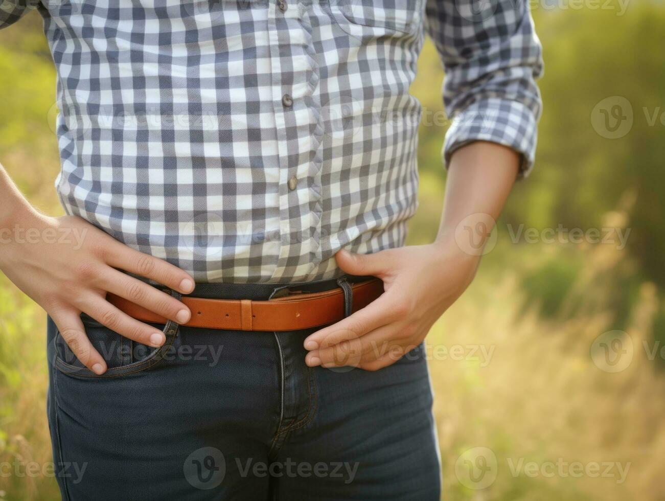 hombre con dolor de estómago en neutral antecedentes ai generativo foto