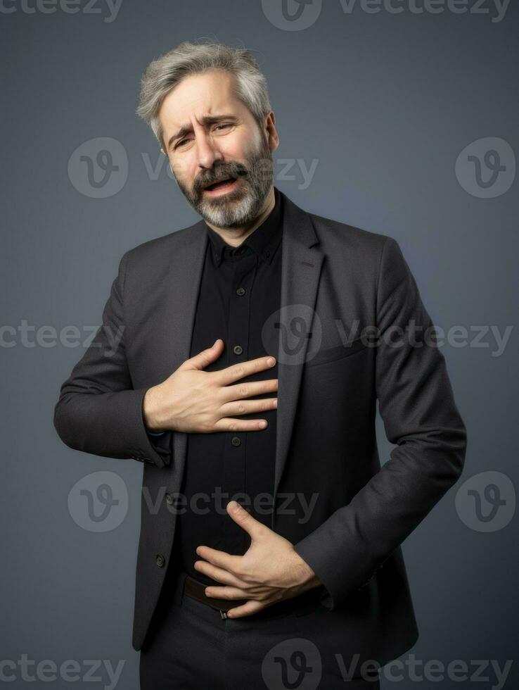 Man with stomachache on neutral background AI Generative photo