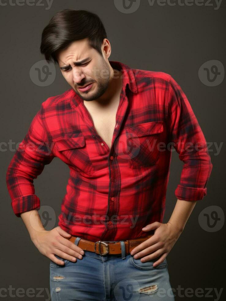 Man with stomachache on neutral background AI Generative photo