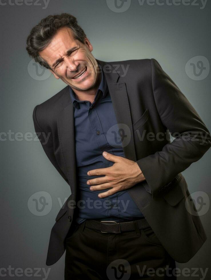 Man with stomachache on neutral background AI Generative photo