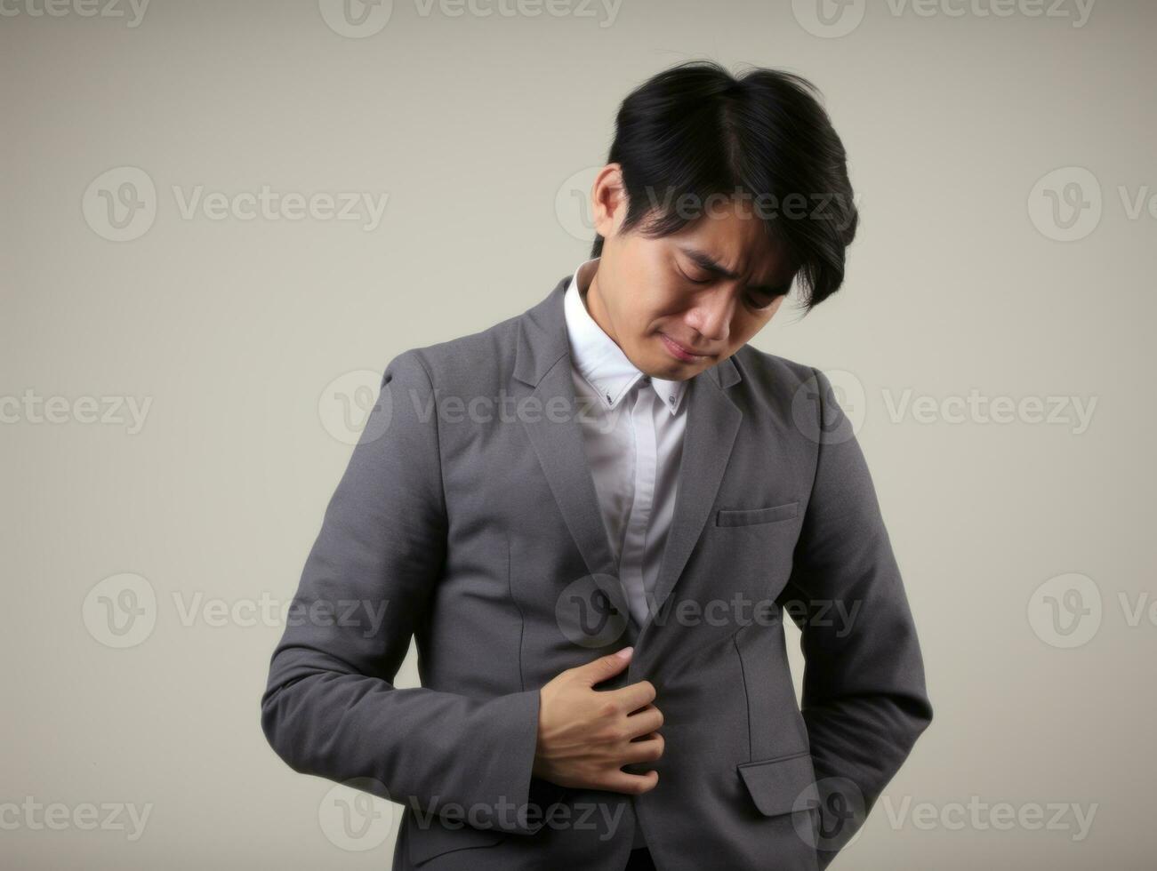 Man with stomachache on neutral background AI Generative photo