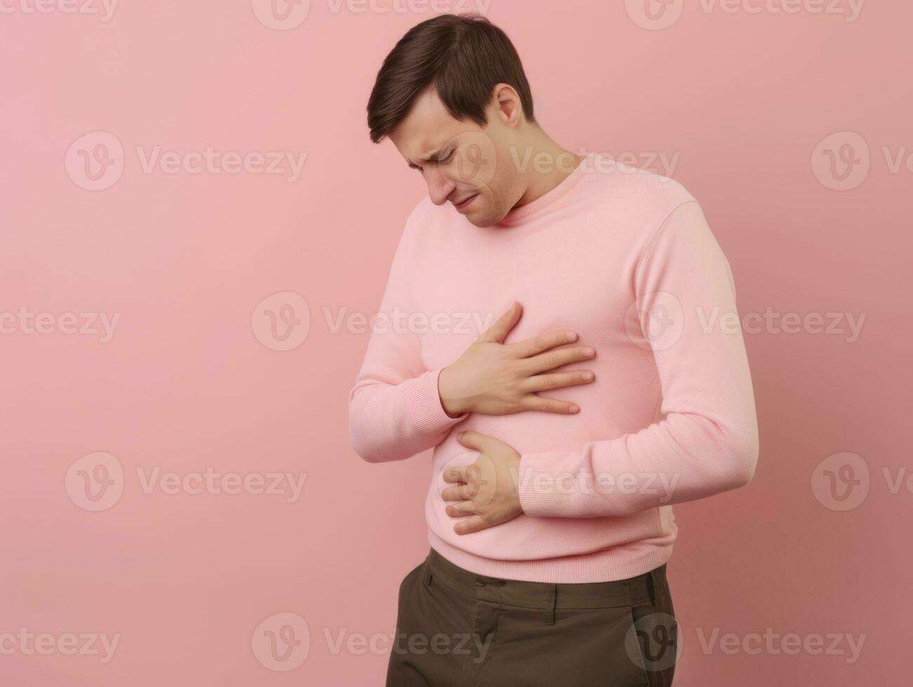 Man with stomachache on neutral background AI Generative photo