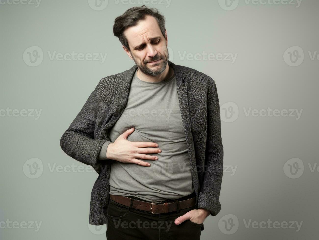 Man with stomachache on neutral background AI Generative photo