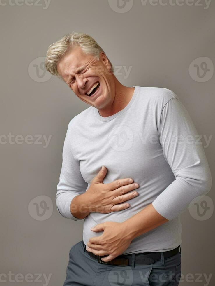 Man with stomachache on neutral background AI Generative photo