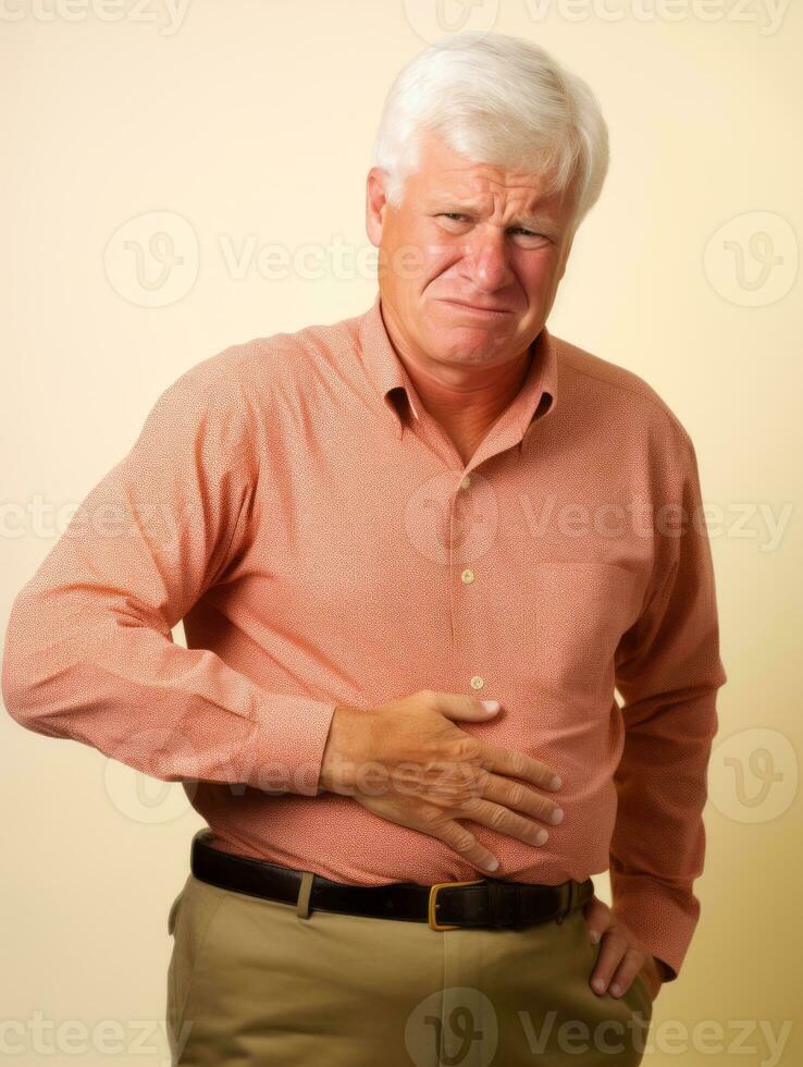 Man with stomachache on neutral background AI Generative photo