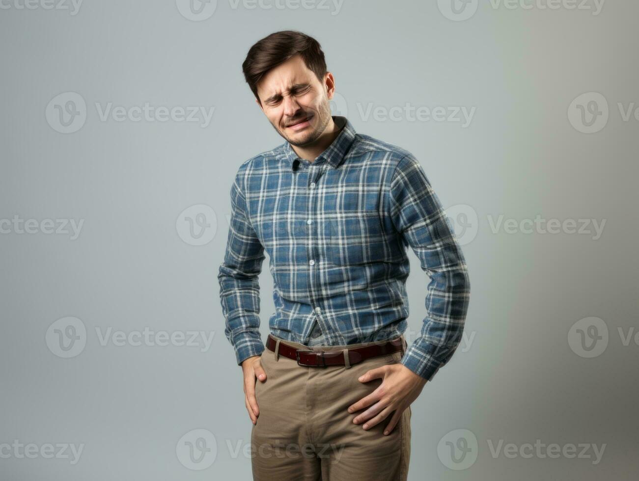 Man with stomachache on neutral background AI Generative photo