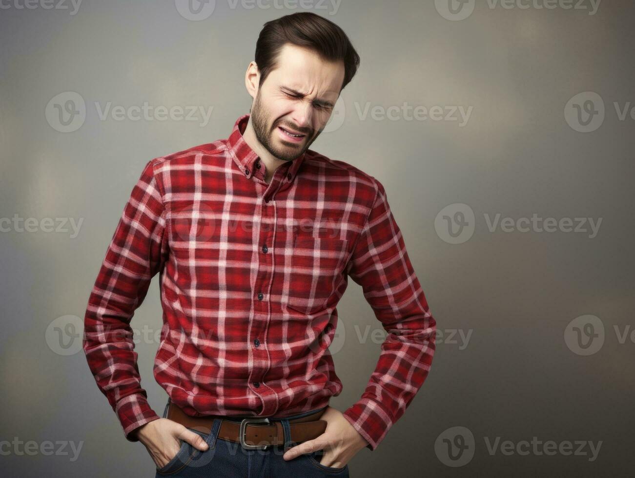 Man with stomachache on neutral background AI Generative photo
