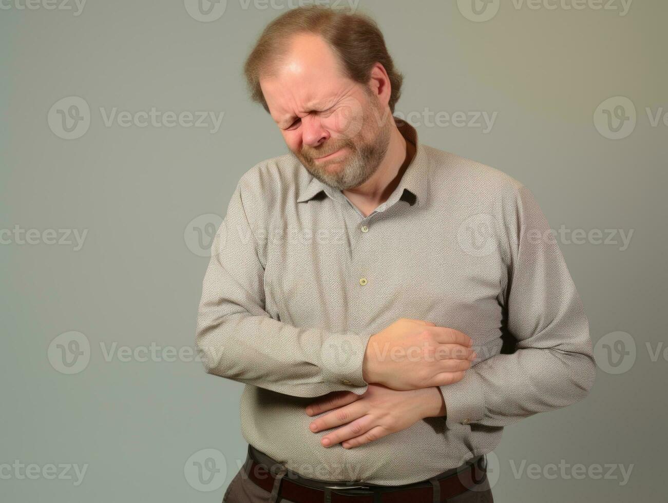 Man with stomachache on neutral background AI Generative photo