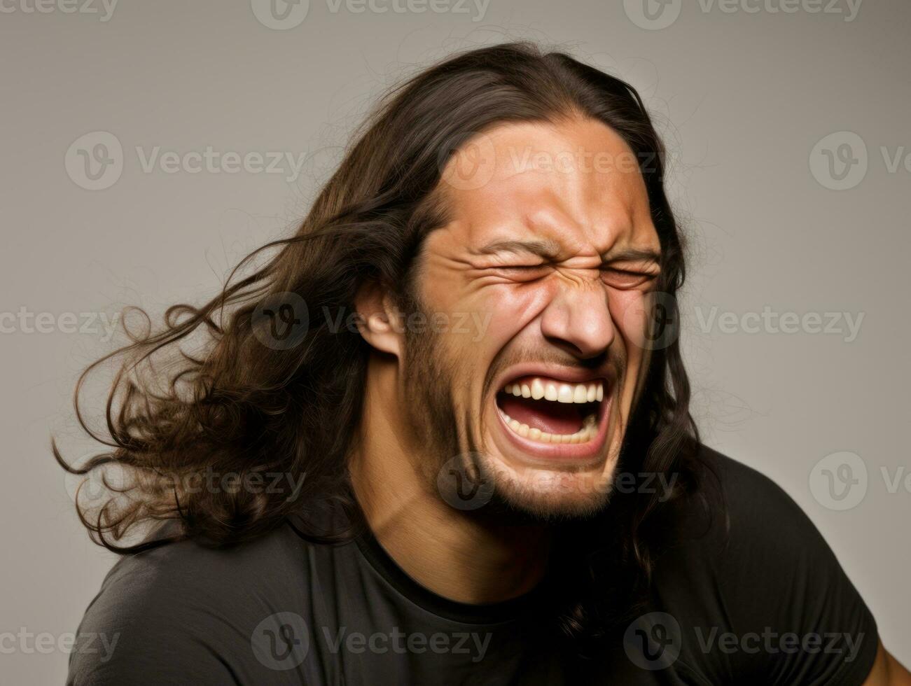 Mexican man with pain on neutral background AI Generative photo