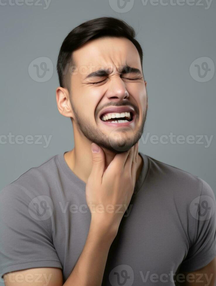 Mexican man with pain on neutral background AI Generative photo