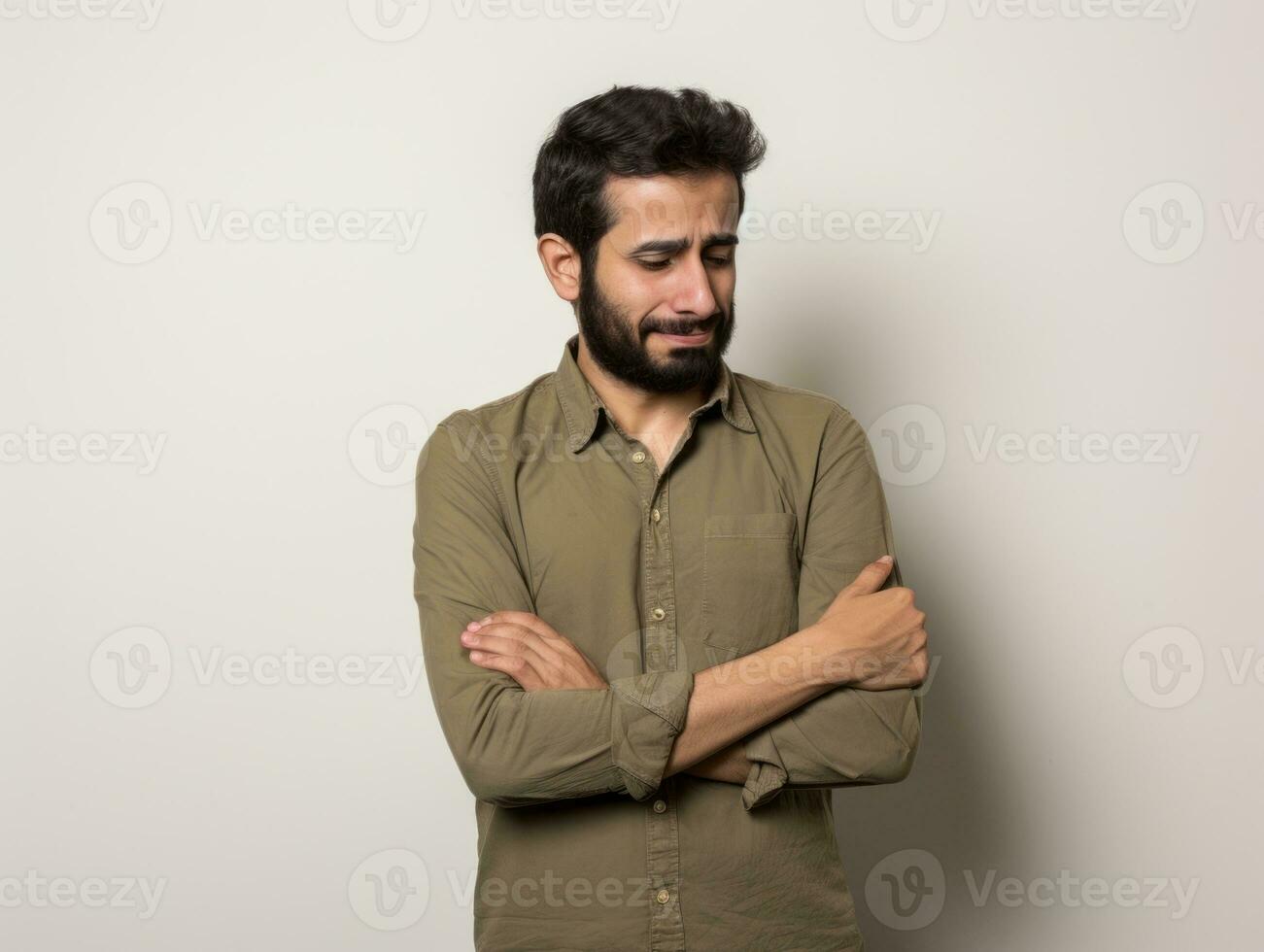 Mexican man with pain on neutral background AI Generative photo