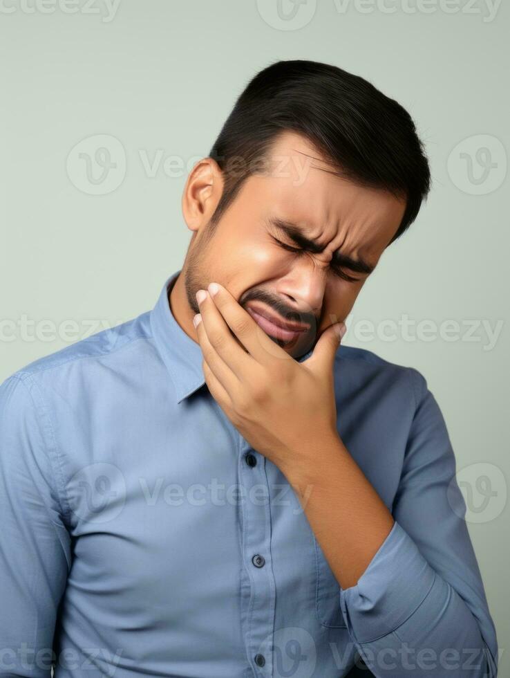 Mexican man with pain on neutral background AI Generative photo