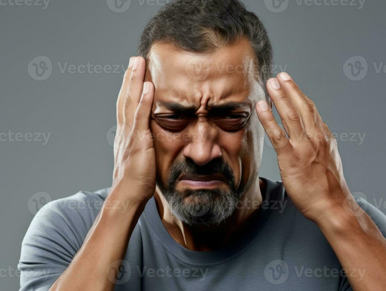 Mexican man with pain on neutral background AI Generative photo