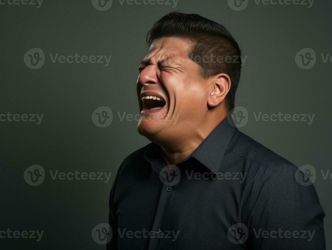 Mexican man with pain on neutral background AI Generative photo
