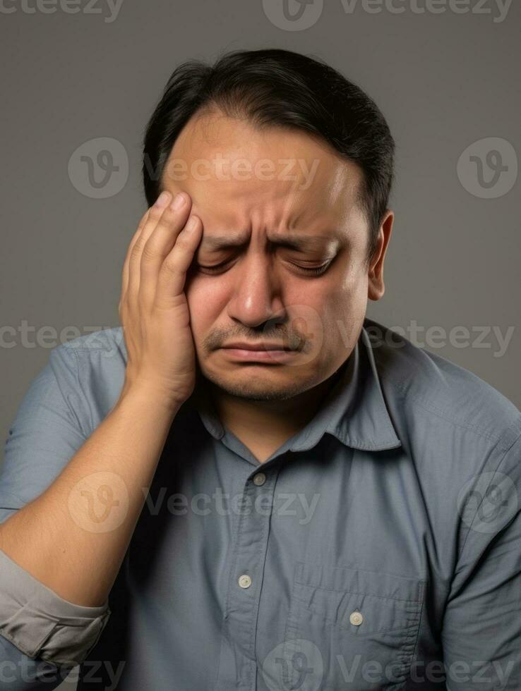 Mexican man with pain on neutral background AI Generative photo