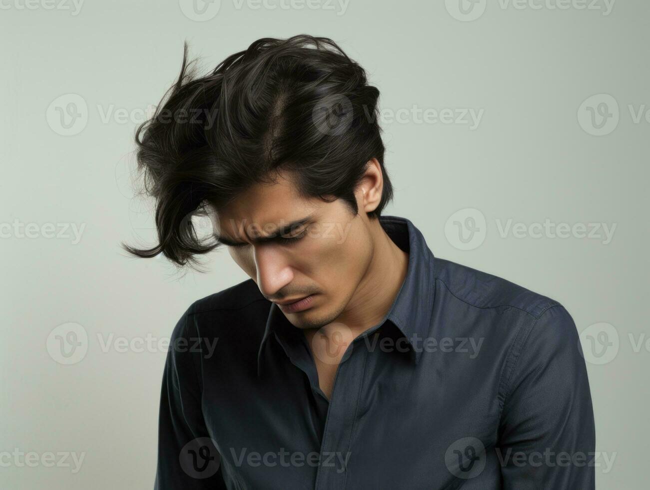 Mexican man with pain on neutral background AI Generative photo