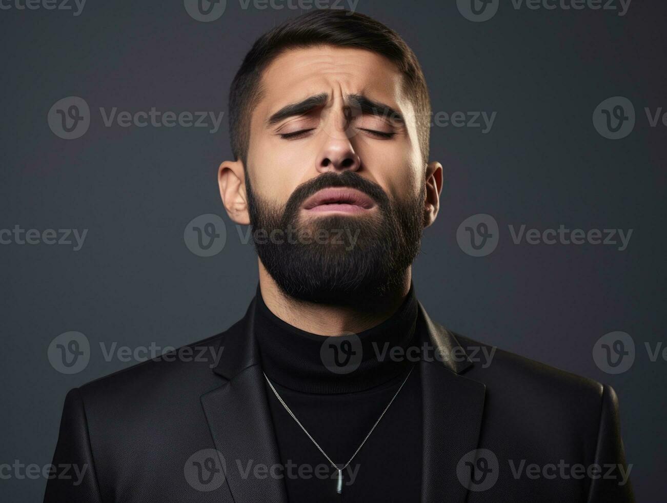 Mexican man with pain on neutral background AI Generative photo