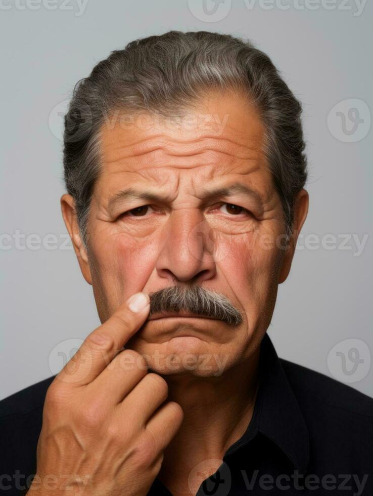 Mexican man with pain on neutral background AI Generative photo