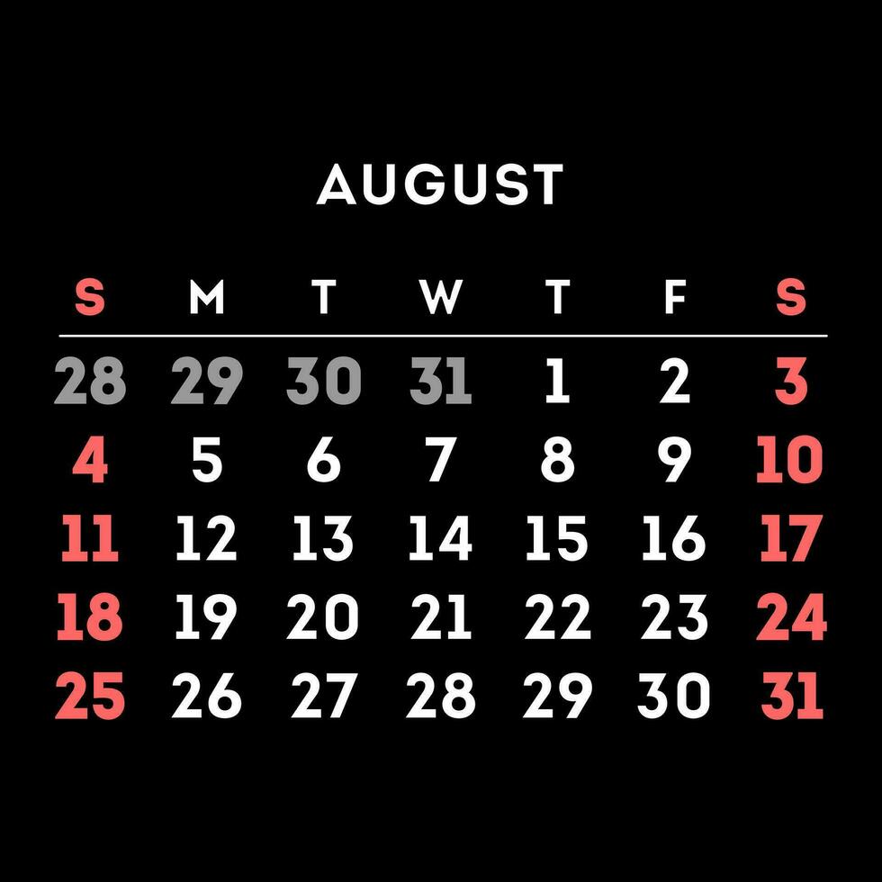 August 2024 month calendar. Vector illustration.