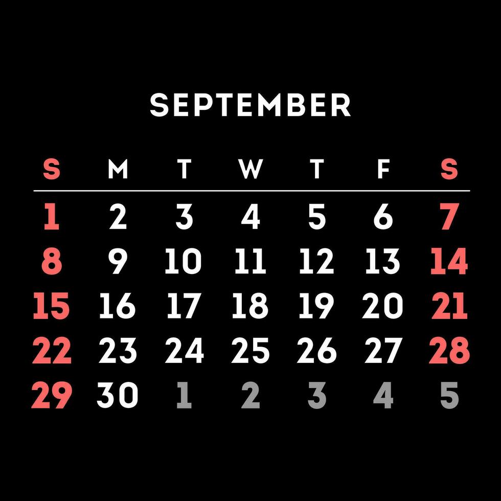 September 2024 month calendar. Vector illustration.