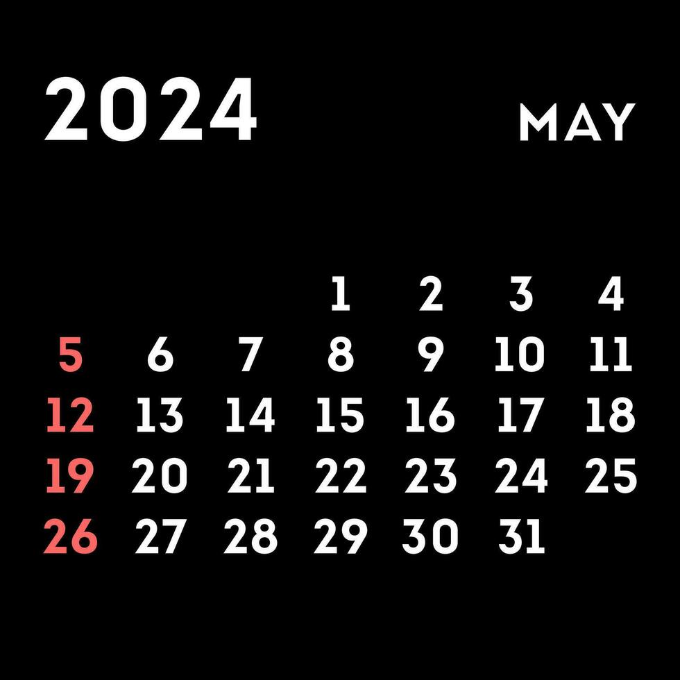 May 2024 month calendar. Vector illustration.