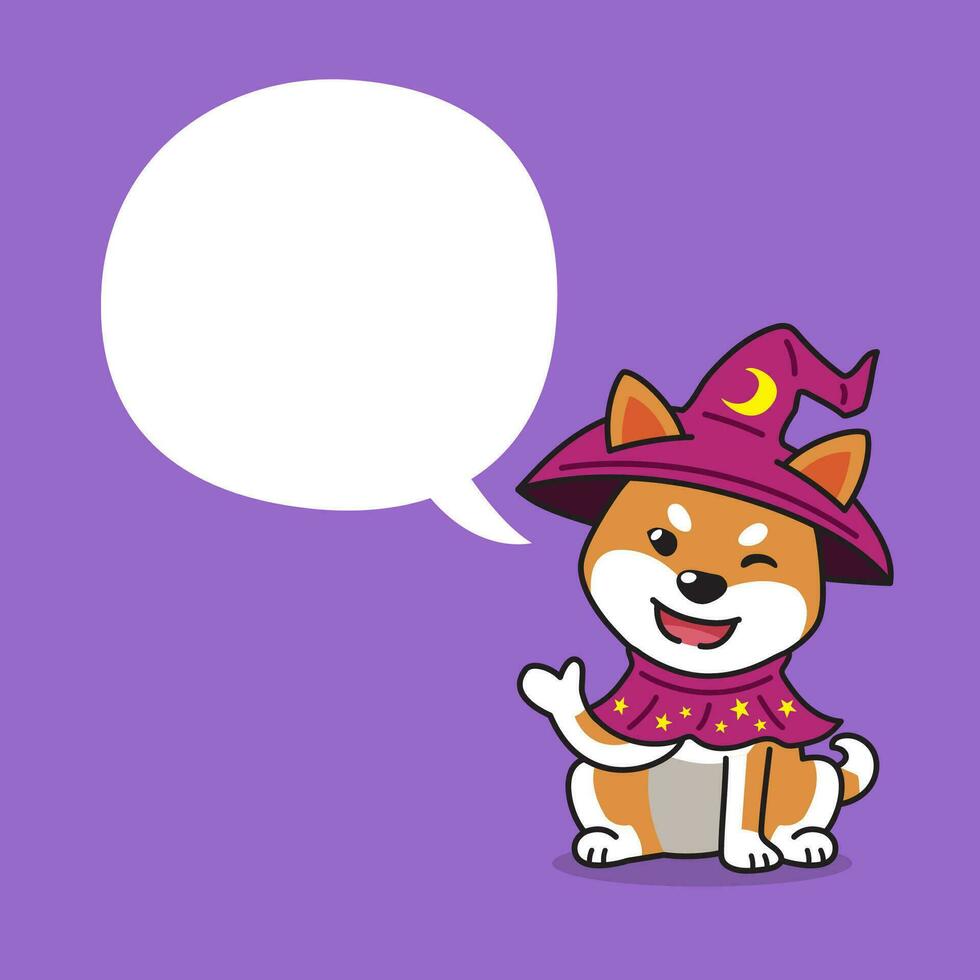 dibujos animados shiba inu perro con Víspera de Todos los Santos disfraz y habla burbuja vector