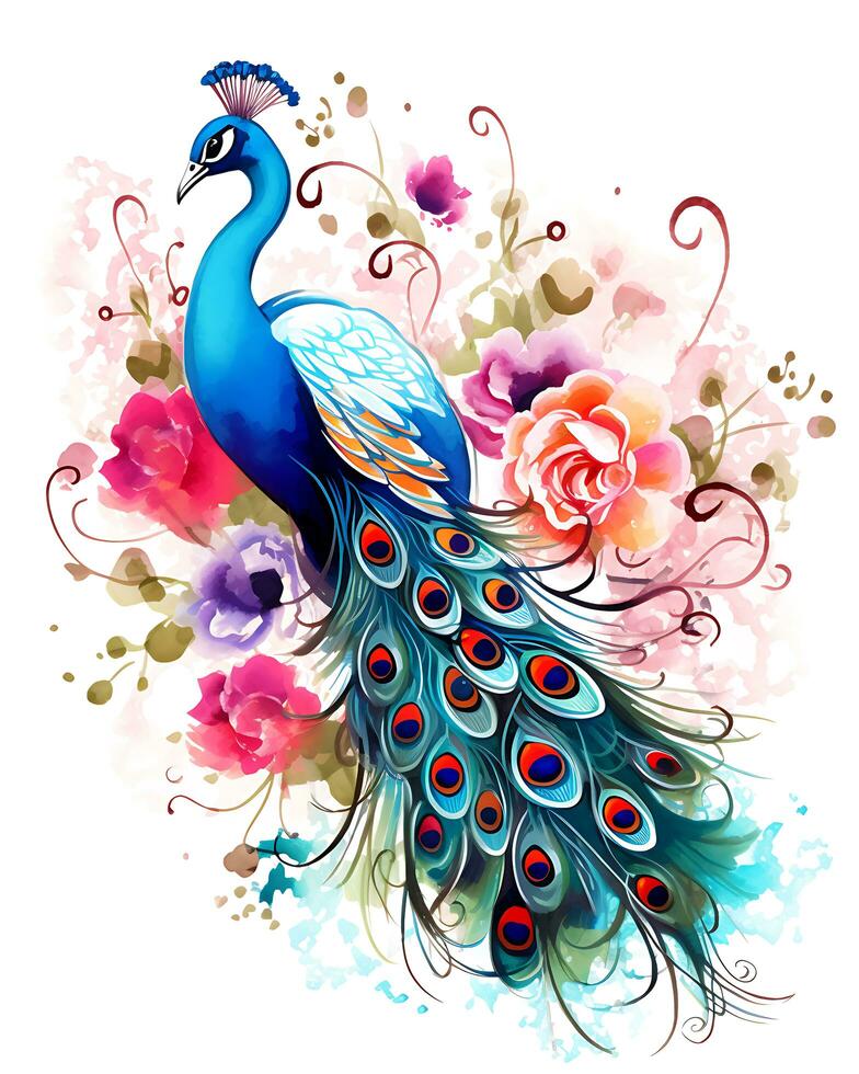 A colorful peacock with a large dark blue-red tail and a gold crown Vector background photo