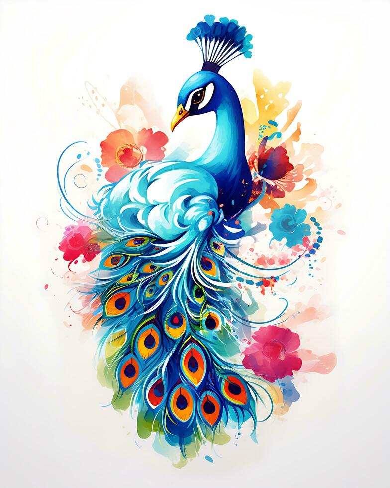 A colorful peacock with a large dark blue-red tail and a gold crown Vector background photo