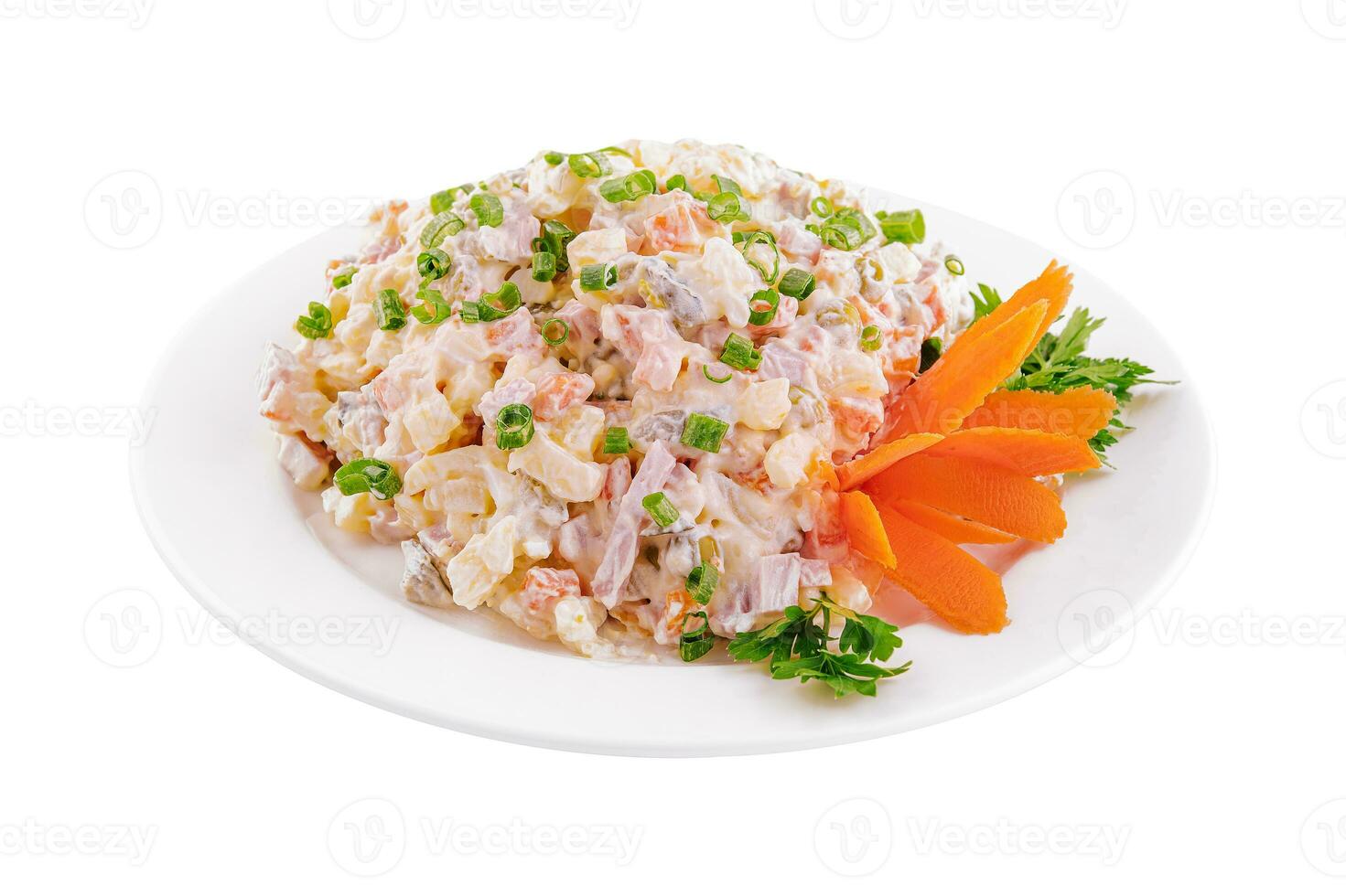 Olivier salad, isolated on white background photo