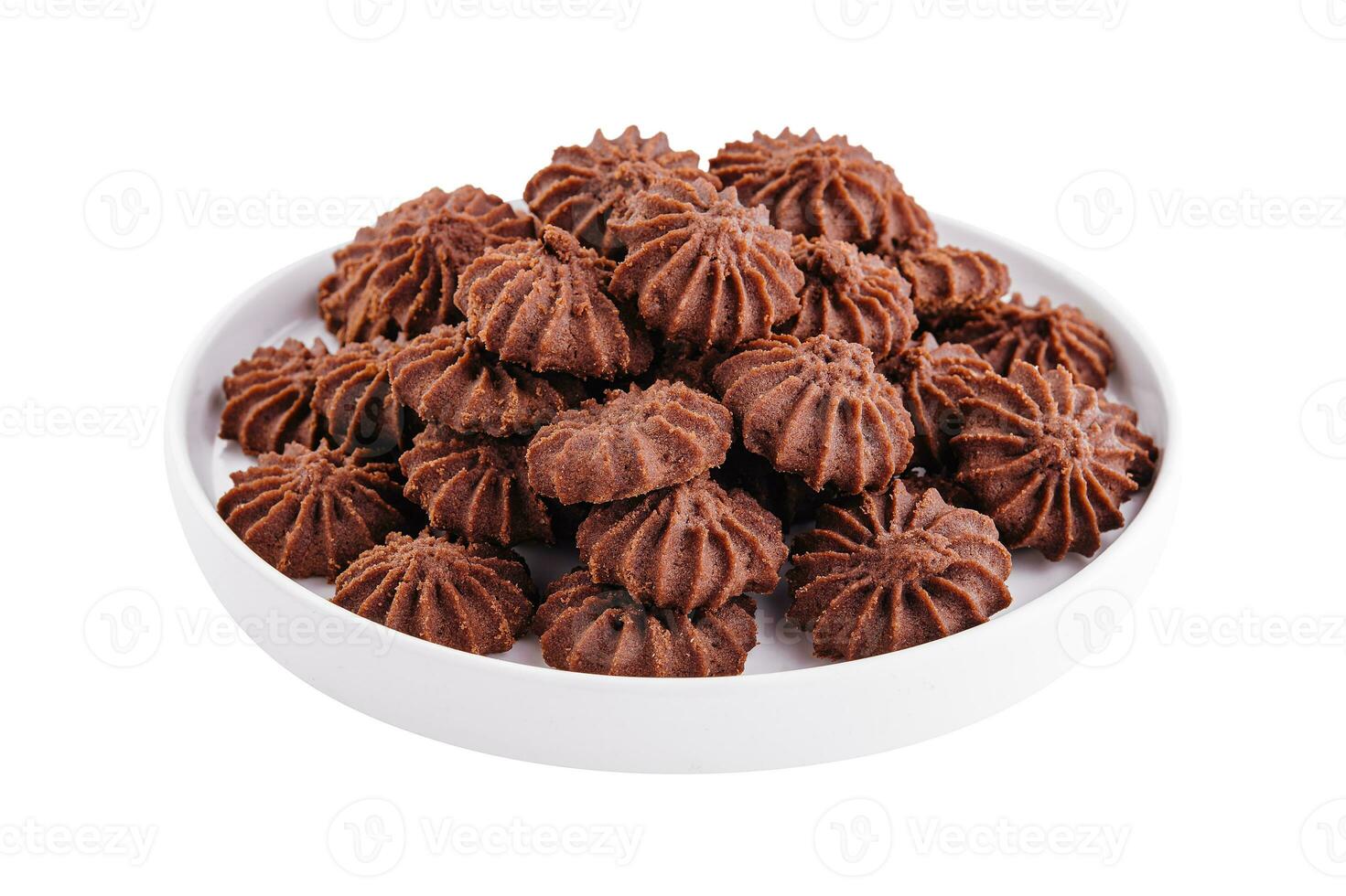 Stack of chocolate chip cookies on plate isolated photo