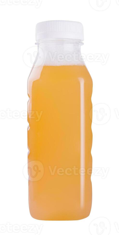 small plastic bottle with apple juice on a white photo