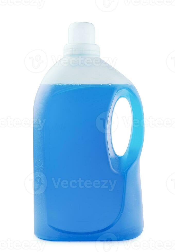 Plastic clean bottle full with blue detergent photo