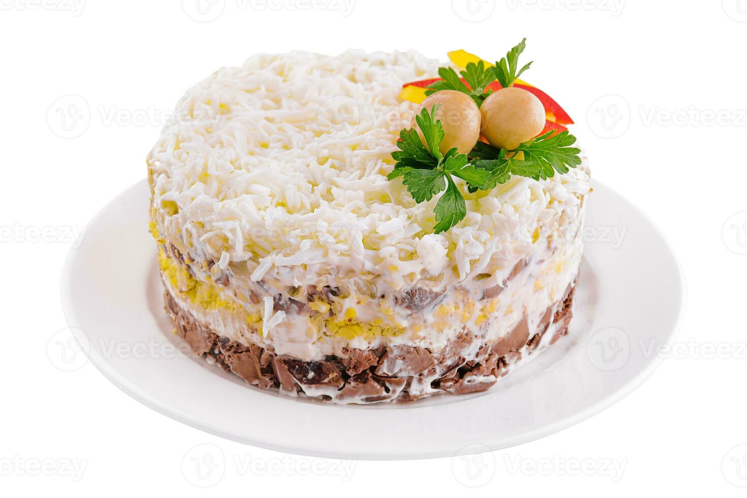 Salad of ground meat, eggs and cheese photo