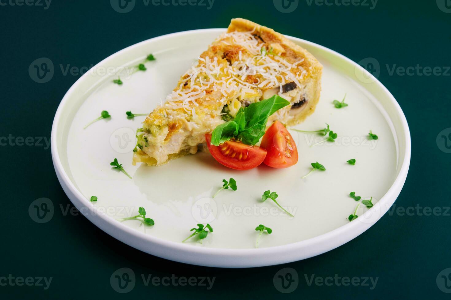 french quiche pie with chicken and mushroom photo
