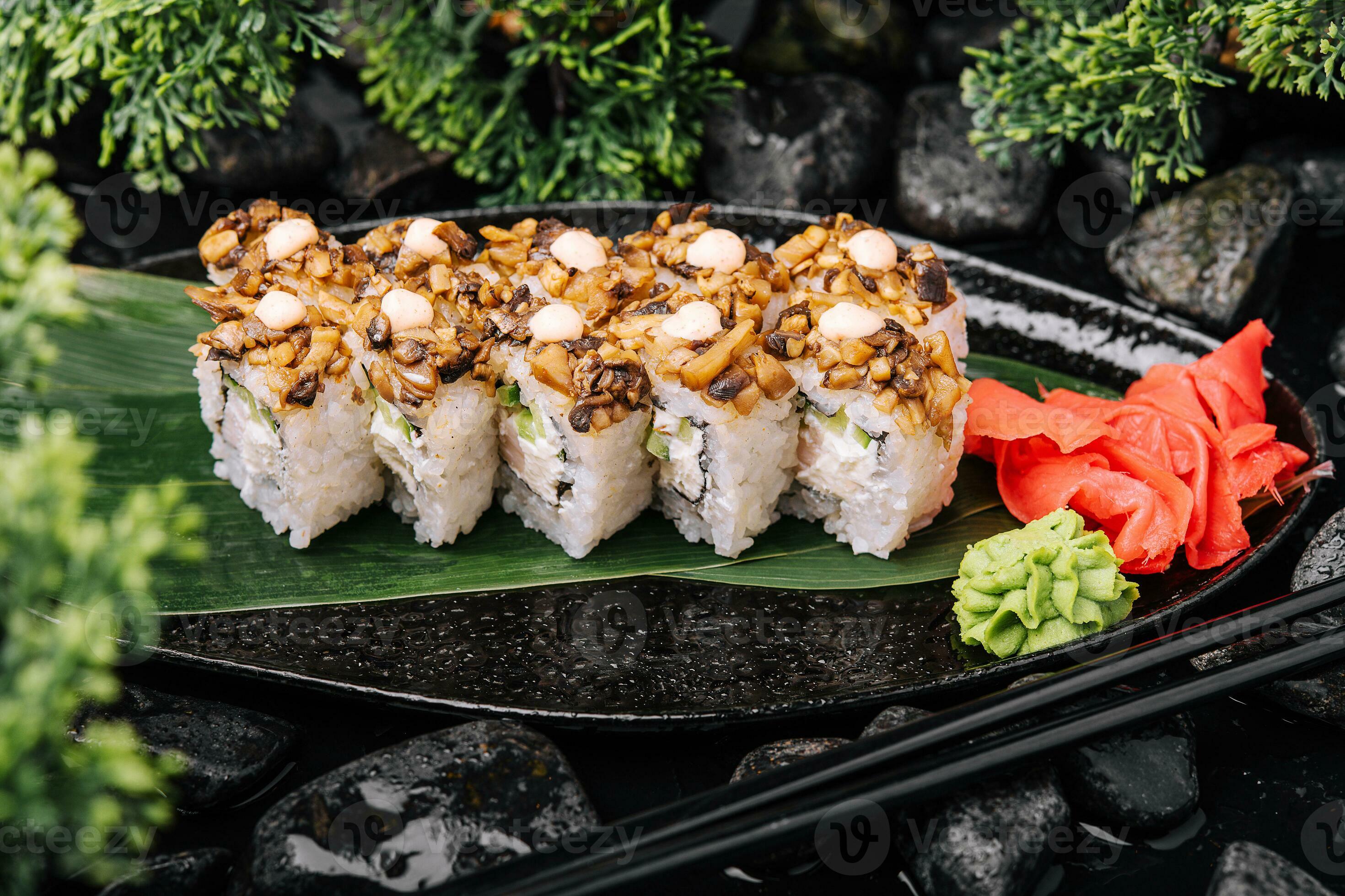 sushi roll set with shiitake mushrooms 31752571 Stock Photo at Vecteezy