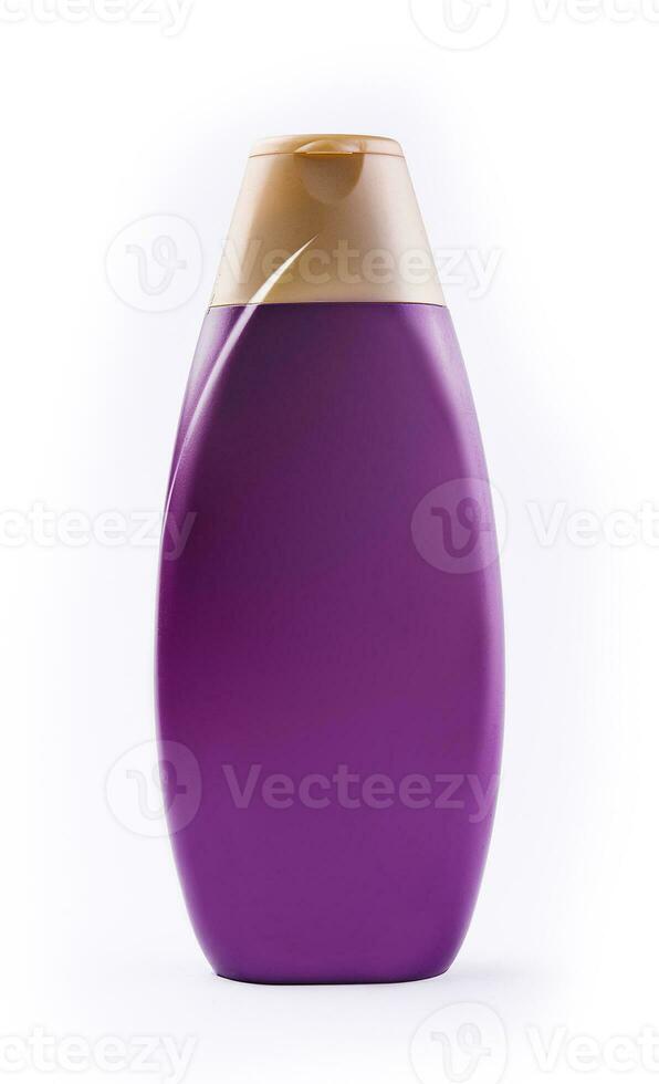 Purple plastic bottle for shampoo or shower gel isolated photo