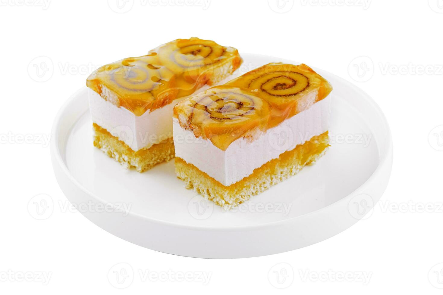 two slices cheese cake with jellied layer photo