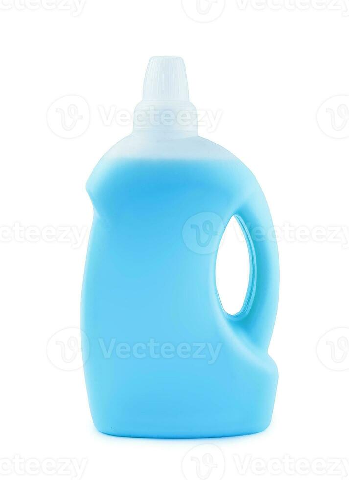 Plastic clean bottle full with blue detergent photo