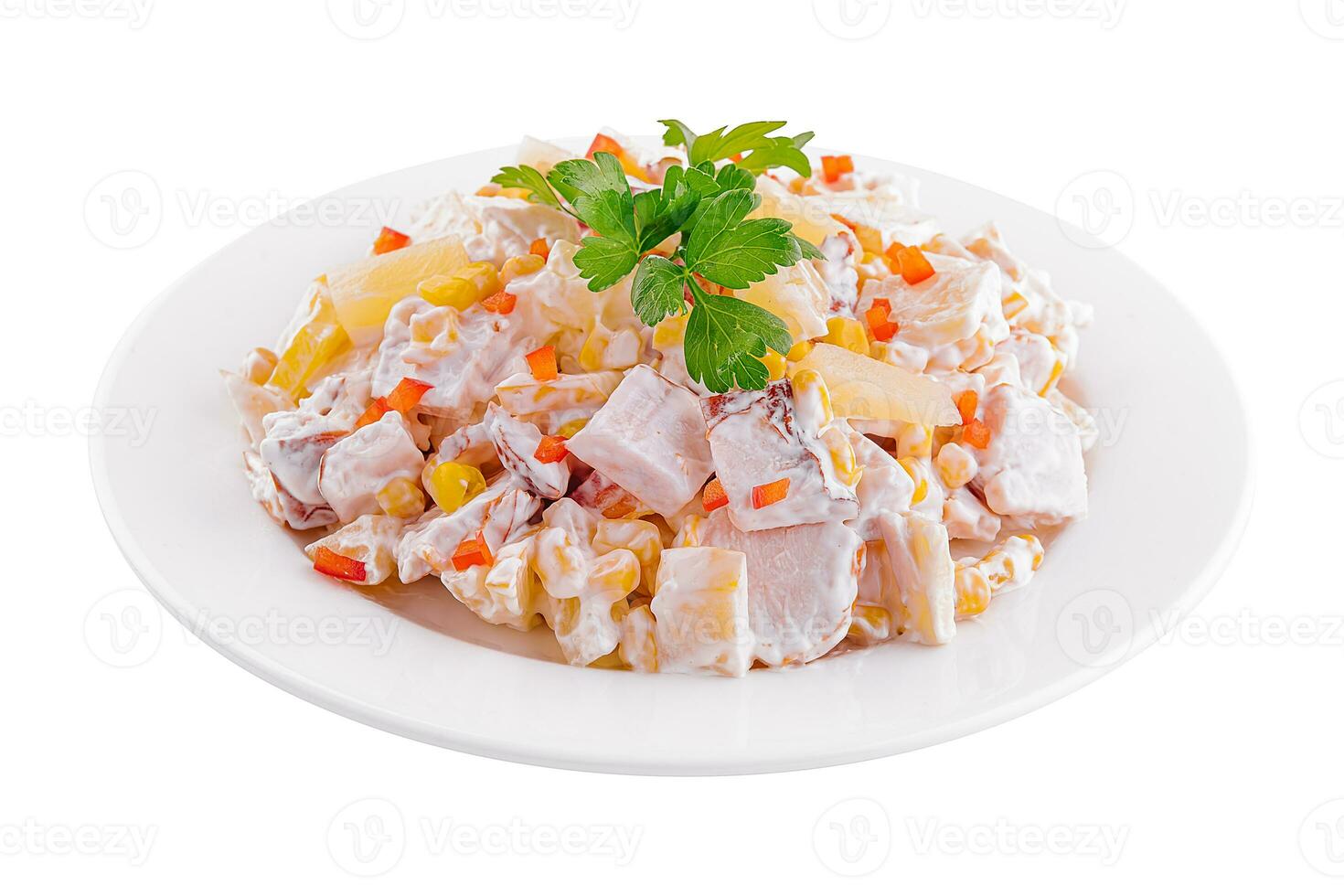Ham salad with corn, cheese, tomatoes, Bulgarian pepper and lettuce photo