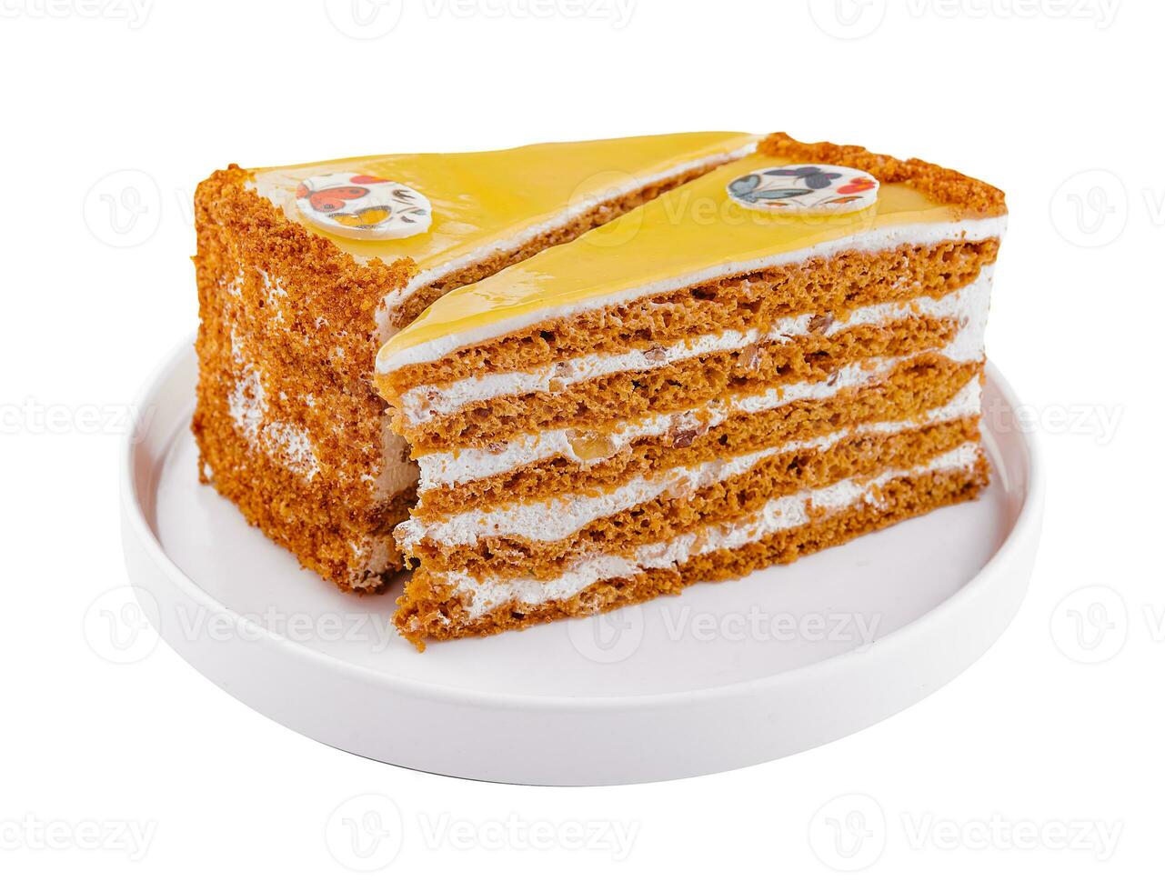 two sliced honey cake on plate photo
