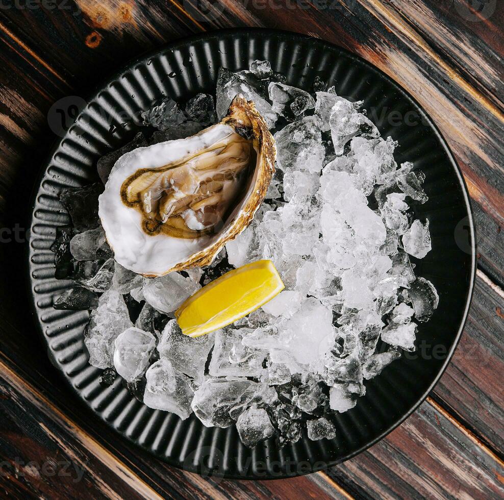 Fresh raw open oyster with ice and lemon slices photo