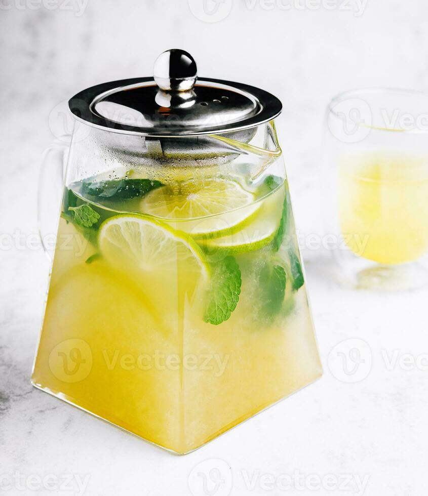 Iced green tea with lime and fresh mint photo