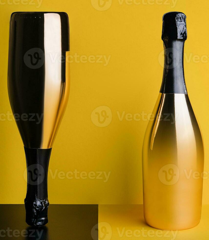 dos elegante botellas de champán en un amarillo-negro antecedentes foto