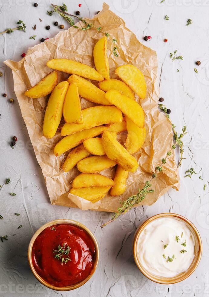 Baked fried potatoes with red and white sauces photo