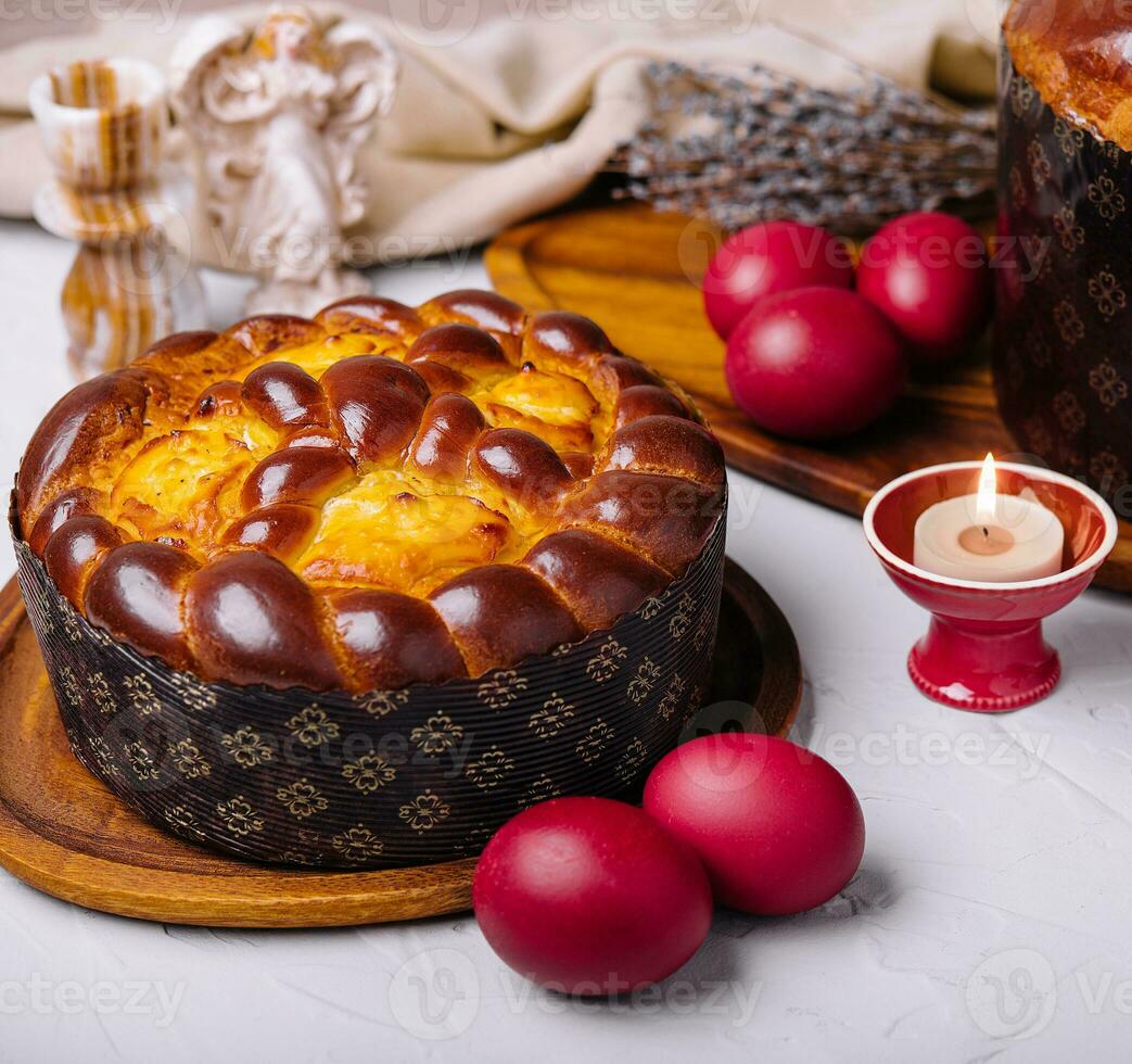 Festive easter table setting with traditional meal photo