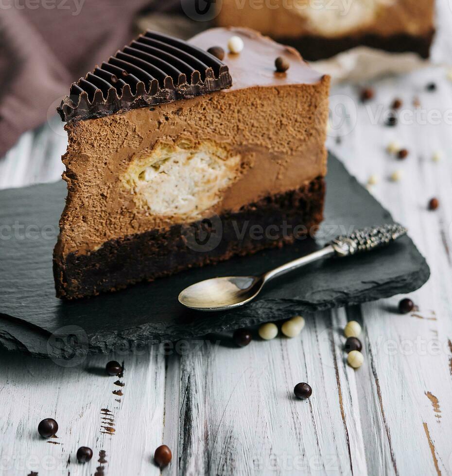 A piece of chocolate cake close up photo