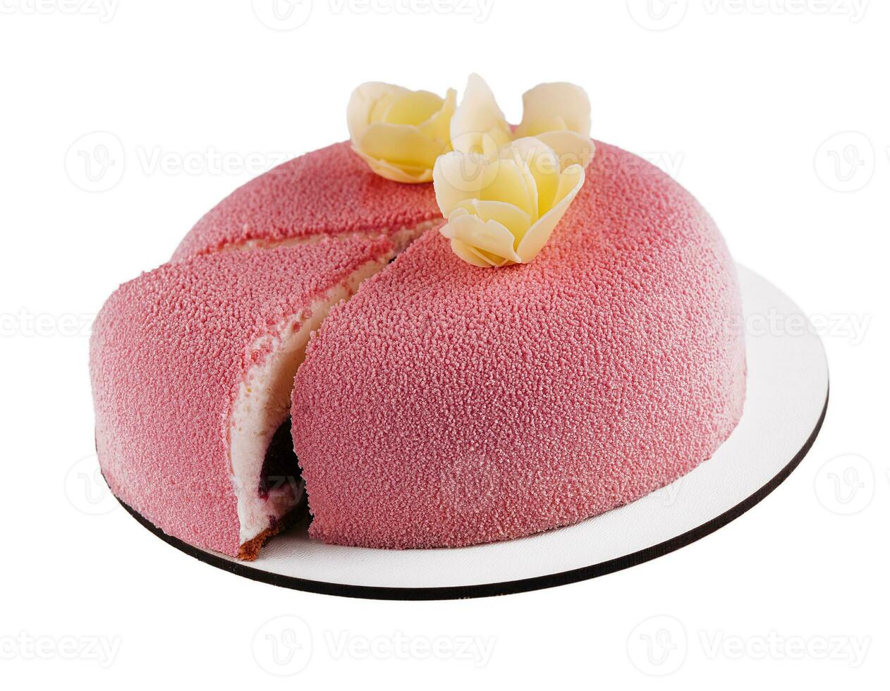Pink cheese cake on white plate photo