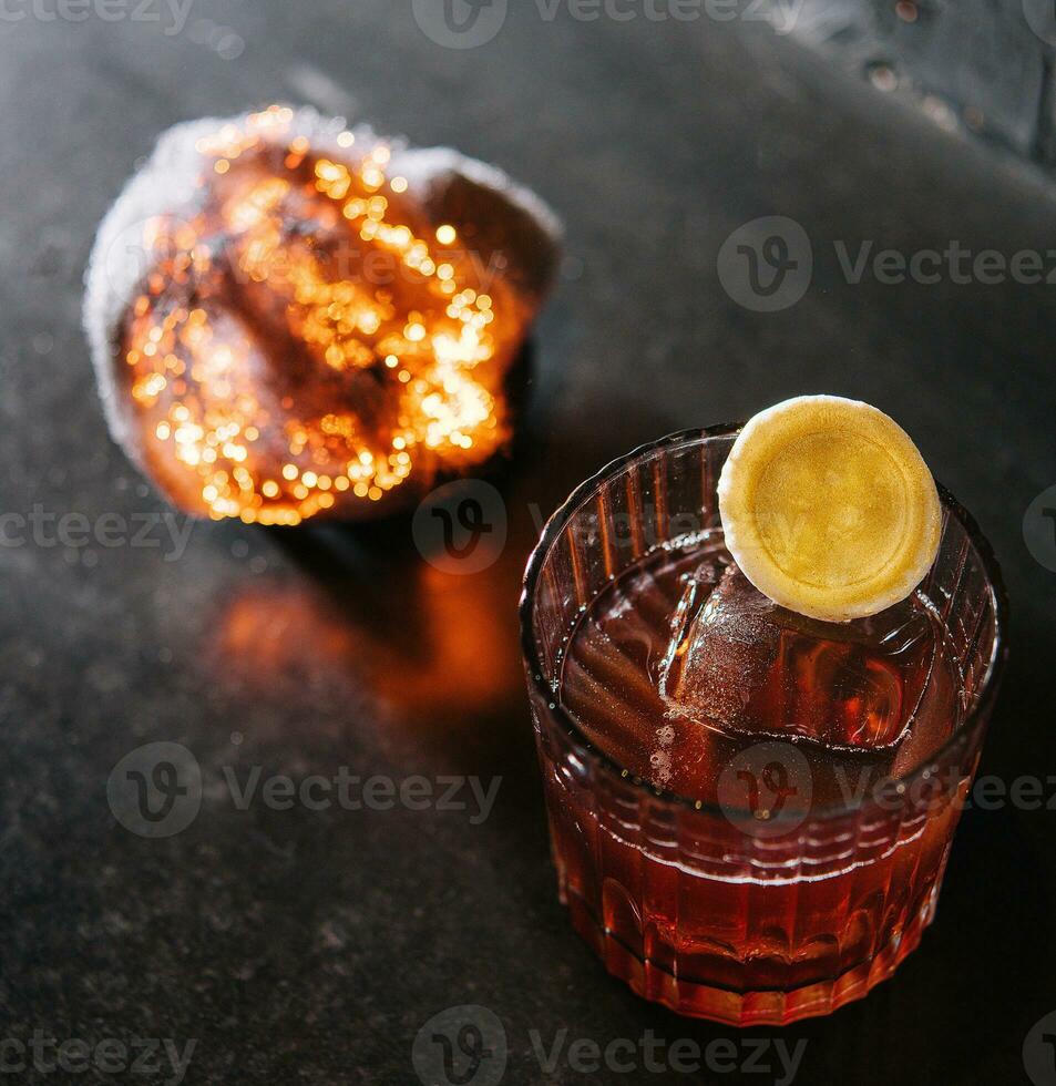 Refreshing boozy gin negroni cocktail top view photo